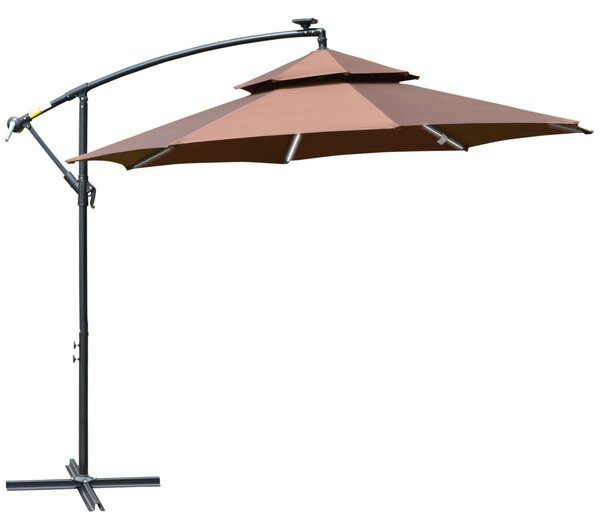 Outsunny 3(m) Cantilever Parasol Banana Hanging Umbrella with Double Roof, LED Solar lights, Crank, 8 Sturdy Ribs and Cross Base for Outdoor, Coffee