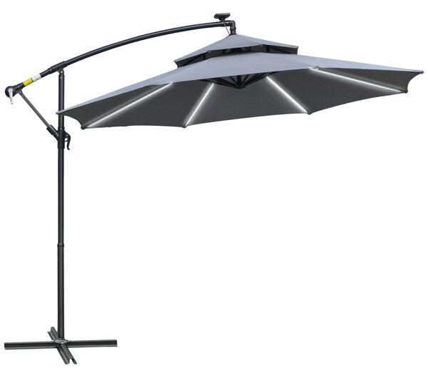 Outsunny 3(m) Cantilever Banana Parasol Hanging Umbrella with Double Roof, LED Solar lights, Crank, 8 Sturdy Ribs and Cross Base for Outdoor, Garden