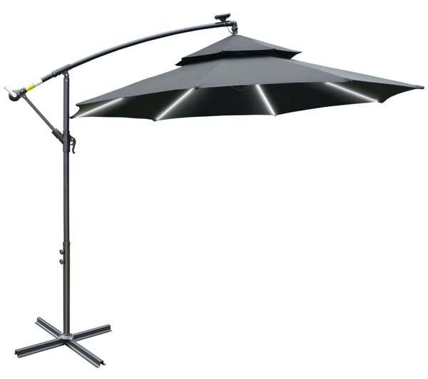 Outsunny 3(m) Cantilever Banana Parasol Hanging Umbrella with Double Roof, LED Solar lights, Crank, 8 Sturdy Ribs and Cross Base, Black