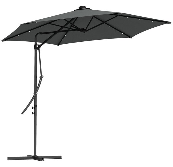 Outsunny 3(m) Garden Parasol Cantilever Umbrella with Solar LED, Cross Base and Waterproof Cover, Dark Grey