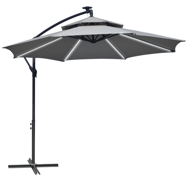 Outsunny 3m Cantilever Banana Parasol Hanging Umbrella with Double Roof, LED lights, Crank, 8 Ribs and Cross Base for Garden, Patio, Light Grey
