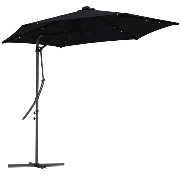 Outsunny Waterproof 3(m) Garden Parasol Cantilever Umbrella with Solar LED, Cross Base and Waterproof Cover, Black Aosom UK