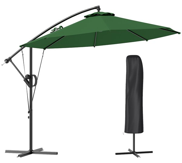 Outsunny 3(m) Garden Cantilever Parasol with Cover and Wind Protection Strap, Round Overhanging Umbrella with Crank Handle and Tilt, Banana Patio Umbrella for Outdoor Sun Shade, UPF50+, Green