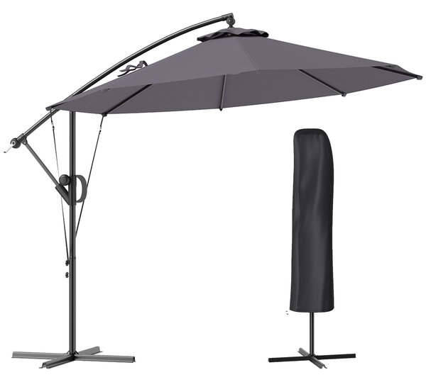 Outsunny 3(m) Garden Cantilever Parasol with Cover and Wind Protection Strap, Round Overhanging Umbrella with Crank Handle and Tilt, Banana Patio Umbrella for Outdoor Sun Shade, UPF50+, Grey