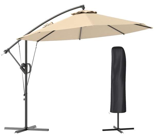 Outsunny 3(m) Garden Cantilever Parasol with Cover and Wind Protection Strap, Round Overhanging Umbrella with Crank Handle and Tilt, Banana Patio Umbrella for Outdoor Sun Shade, UPF50+, Khaki