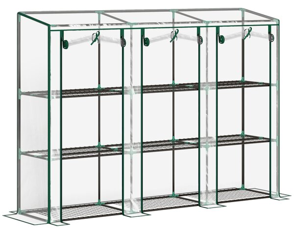 Outsunny 3 Tier Lean-to Mini Greenhouse with Reinforced Plastic Cover, Portable Small Greenhouse with 3 Roll-Up Doors, 215 x 46 x 151cm, Clear