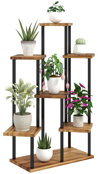Outsunny 7 Tier Plant Stand Indoor Outdoor, Tiered Corner Steel Wood Plant Shelf for Multiple Plants, Tall Flower Stand Display Rack for Garden Patio Balcony Living Room, Carbonised Finish