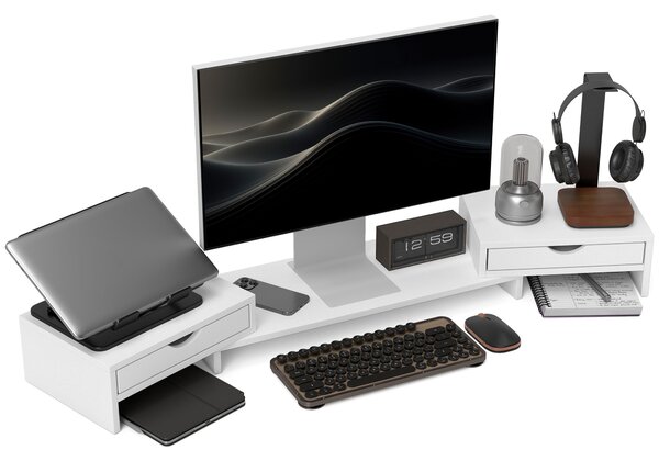 HOMCOM Dual Monitor Stand Riser with 2 Drawers, Adjustable Length and Angle, 116cm Monitor Riser for Laptop, Computer, PC, Small Printer, White