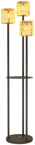 Outsunny Boho Rattan Floor Lamp, 3-Lights Rattan Lamp with Shelf, Freestanding Solar Garden Light with Auto On/Off Lights, IP44 Waterproof for Porch, Pathway, Deck, Yellow
