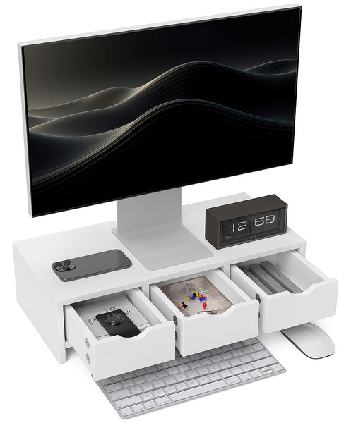 HOMCOM Monitor Stand Riser with 3 Drawers, Monitor Riser for Laptop, Computer, PC, Small Printer, 51 x 24 x 13cm, White