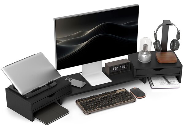 HOMCOM Dual Monitor Stand Riser with 2 Drawers, Adjustable Length and Angle, 116cm Monitor Riser for Laptop, Computer, PC, Small Printer, Black