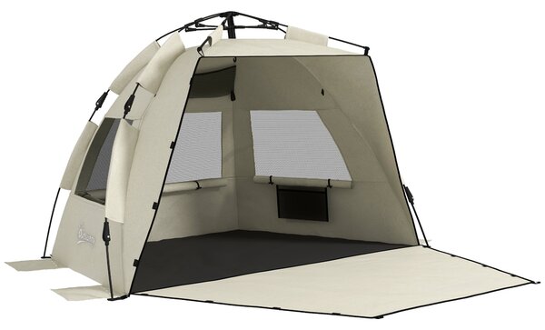 Outsunny 2-3 Person Pop Up Beach Tent, UPF15+ Sun Shelter with Extended Floor, Sandbags, Mesh Windows and Carry Bag, Khaki Aosom UK