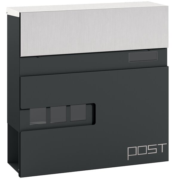 HOMCOM Wall Mounted Post Box with Viewing Window, 2 Lock, Modern Galvanised Steel Mailbox with Copper Core, Weatherproof Letterbox for Outdoor Use, Easy to Install, Charcoal Grey