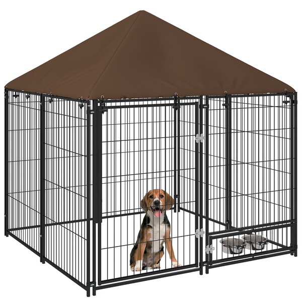 PawHut Outdoor Dog Kennel Puppy Play Pen with Canopy Garden Playpen Fence Crate Enclosure Cage Rotating Bowl 141 x 141 x 151 cm Aosom UK