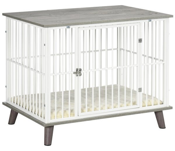 PawHut Indoor Dog Crate Furniture, Pet Kennel Cage with Top End Table, Soft Cushion, Lockable Door, for Small Dogs, Grey Aosom UK
