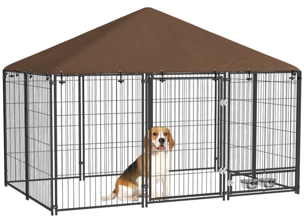 PawHut Outdoor Dog Kennel Puppy Play Pen with Canopy Garden Playpen Fence Crate Enclosure Cage Rotating Bowl 211 x 141 x 151 cm Aosom UK