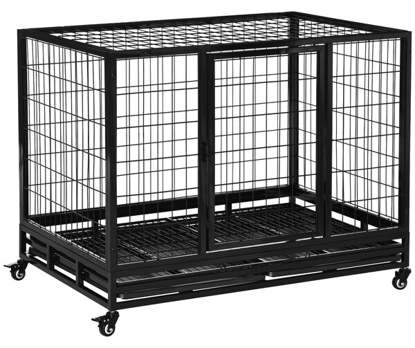 PawHut Xl Dog Crate, 43" Heavy Duty, Metal Pet Cage with Crate Tray and Wheels, Black, Large Aosom UK