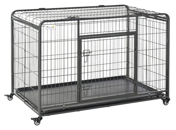 PawHut Folding Heavy-Duty Dog Crate: Double Door Pet Kennel with Removable Tray, Lockable Wheels, 125cm x 76cm x 81cm Aosom UK