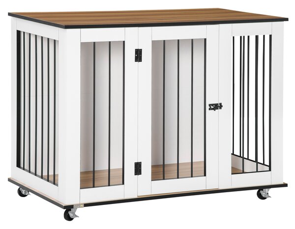 PawHut Dog Cage End Table with Five Wheels, Dog Crate Furniture for Large Sized Dogs, with Front Door Latch, Indoor Use, White Aosom UK