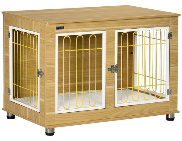PawHut Dog Crate Furniture, Dog Cage End Table. with Soft Cushion, Double Door - Oak Tone Aosom UK