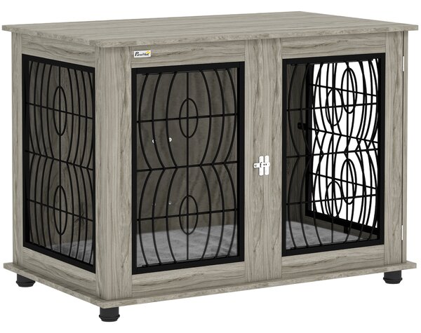 PawHut 37" Indoor Dog Crate Furniture End Table with Soft Washable Cushion, Lockable Front Door, for Large Dogs Aosom UK