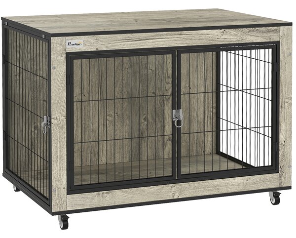 PawHut Dog Crate Furniture with Wheels, Double Doors, for Medium Dogs, 80 x 56 x 62.5cm, Grey