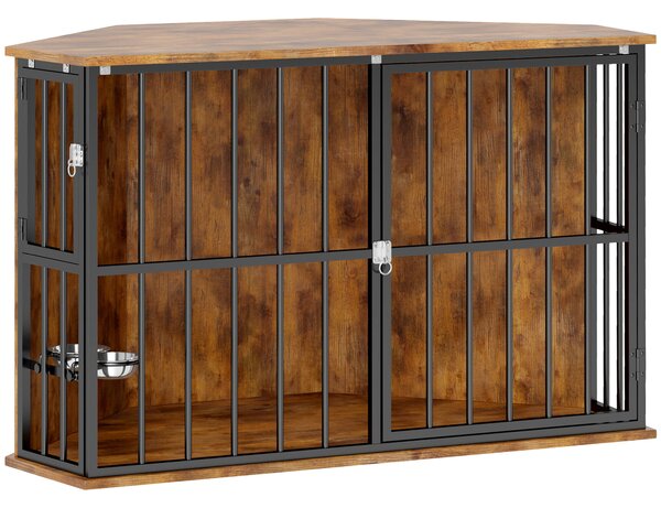 PawHut Dog Crate Furniture , Corner Dog Cage with 2 Bowls & Lockable Doors, for Small/Medium Dogs, Rustic Brown Aosom UK