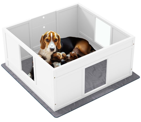 PawHut Whelping Box for Dogs with Whelping Pad, Adjustable Entrance, Non-slip Foot Pads, for Medium Dogs, 100 x 96cm Aosom UK