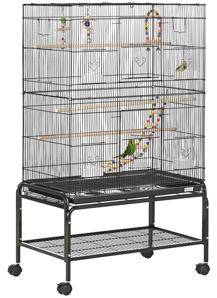 PawHut Steel Budgie Cage 133cm High with Stand, Slide-Out Tray, Toys, Storage Shelf for Canaries, Finches, Lovebirds, Parakeets, Black Aosom UK