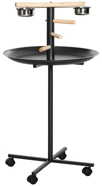 PawHut Metal Bird Table Play Stand, Bird Feeder Station Parrot Perch with Four Wheels Feeding Bowls Round Tray Aosom UK