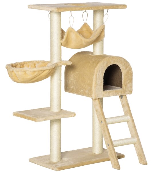 PawHut Cat Tree with Scratching Post, Hammock, Condo, Basket, Ladder Activity Centre for Kittens, 98 cm, Beige Aosom UK