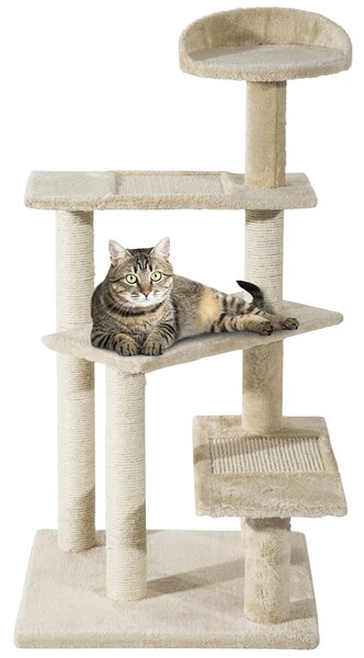 PawHut Beige Cat Tree, Kitten Scratching Post, Sisal Climbing Tower, Activity Centre, Sturdy Aosom UK