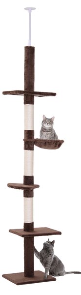 PawHut Cat Climbing Tree, 5-Tier Floor to Ceiling Adjustable Scratching Post Tower, Activity Centre, Brown, 230-260cm Aosom UK