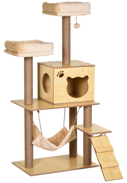 PawHut 130cm Cat Tree for Indoor Cats, Multi-Level Plush Cat Tower, with Five Scratching Posts, Two Perches, Cat House, Hammock