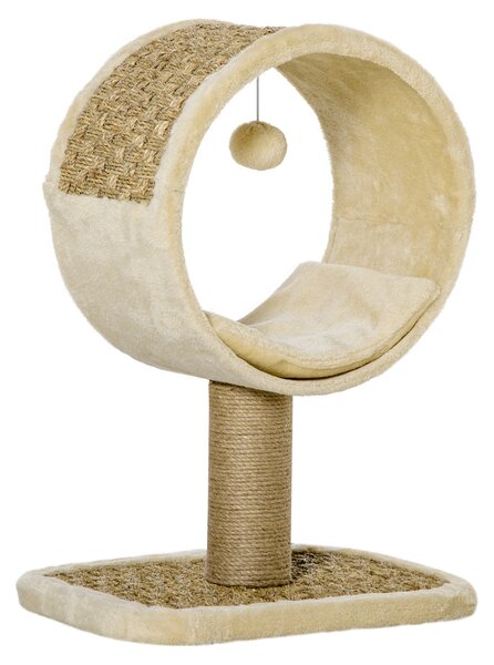 PawHut 56cm Small Cat Tree for Indoor Cats with Scratching Post, Kitten Tower with Tunnel, Ball Toy, Cushion, Beige