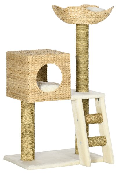 PawHut Cat Tree for Indoor Cats Kitten Tower Cattail Weave with Scratching Posts, Cat House, Bed， Washable Cushions Natural, 57 x 37 x 100.5 cm