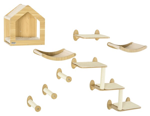 PawHut 8PCs Cat Shelves Set, Cat Wall Furniture w/ Condo, 3 Perches, 3 Scratching Posts, Wall Mounted Cat Tree for Indoor Cats, Beige Aosom UK