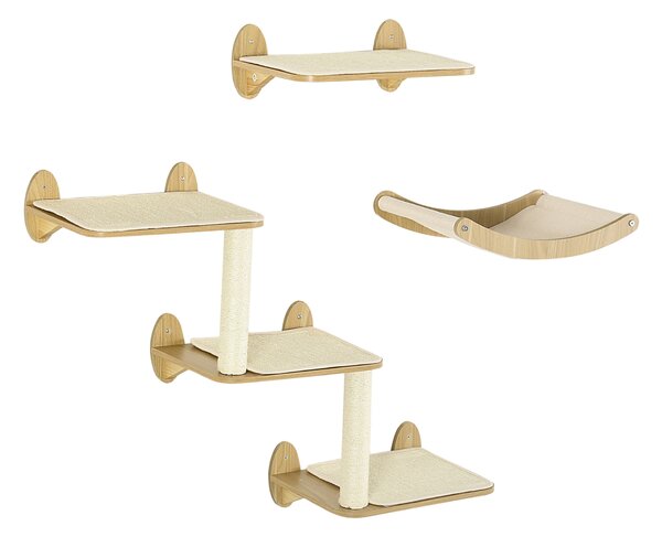 PawHut Wall Mounted Cat Shelves, Climbing Shelf Set for Kittens, Activity Centre with Platforms Hammock Scratching Post, Oak Aosom UK