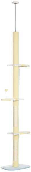 PawHut 260cm Cat Tower Cat Tree, Floor to Ceiling, Height Adjustable with Anti-slip Kit and Fish-shaped Scratching Post Ball, Yellow