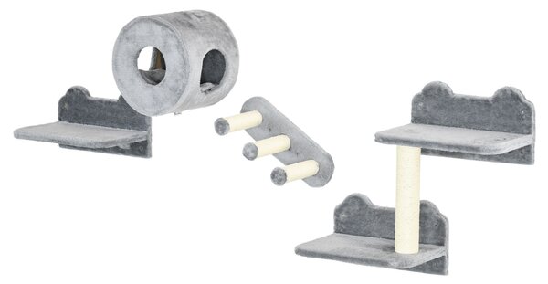 PawHut 4PCs Wall Mounted Cat Tree Cat Wall Furniture with Platforms, Steps, Scratching Post, Perch, Cat Condo for Indoor Cat - Grey