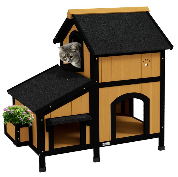 PawHut Wooden Cat House with Flower Pot, Windows, Multiple Entrances, Water-Resistant Roof for Outdoor - Yellow