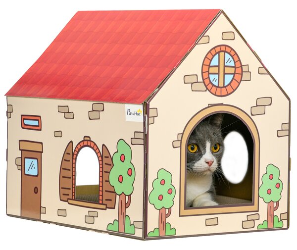 PawHut Two-In-One Cat House, Cat Scratching Board with Scratcher, Catnip, Cat Cardboard Scratcher for Indoor Cats Aosom UK