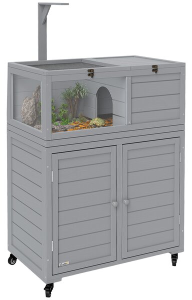 PawHut Wooden Tortoise House with Storage Cabinet, Openable Top, Lamp Holder, Transparent Observation Windows, Light Grey