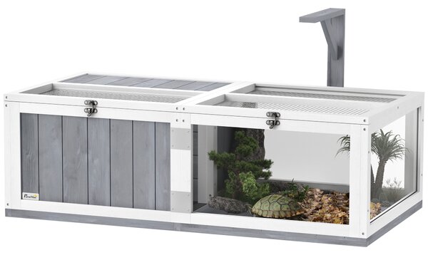 PawHut Wooden Tortoise House with Lamp Holder, Clear Observation Window, Openable Tops, Built-in Tray, Light Grey