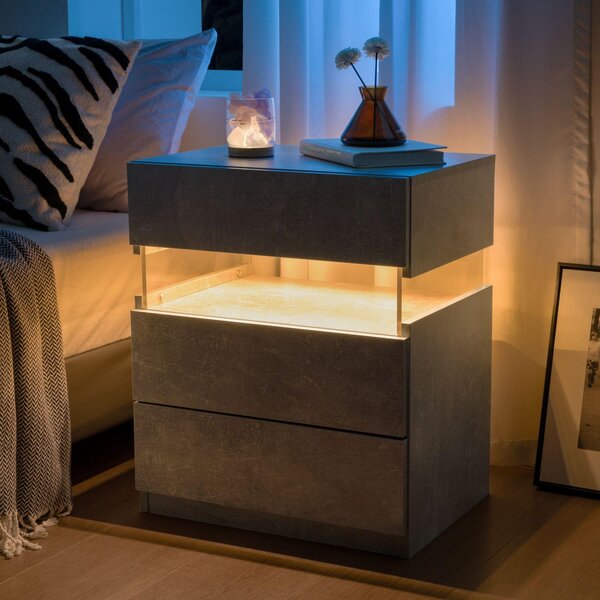 Modern Bedside Cabinet with Remote-Controlled RGB Light, 3 Slide Drawers, LED Nightstand with Acrylic Board, 50L x 37.5W x 60H cm, Gray Aosom.UK