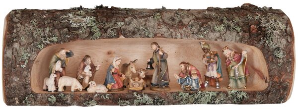 Nativity set in wood log (12 figurines)