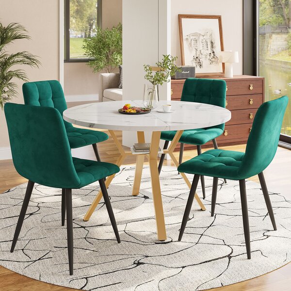 Round Dining Table Set with 4 Ergonomic Velvet Chairs, Gold Metal Legs & Marble Tabletop, Perfect for Modern Interiors, White+Green Aosom UK
