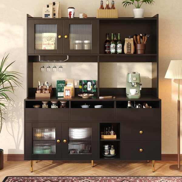 Multi-Layered Storage Cabinet with Glass Doors, Wine Glass Holder, Versatile Storage Unit with Raised Design, 145L x 39W x 171H cm, Black Aosom UK