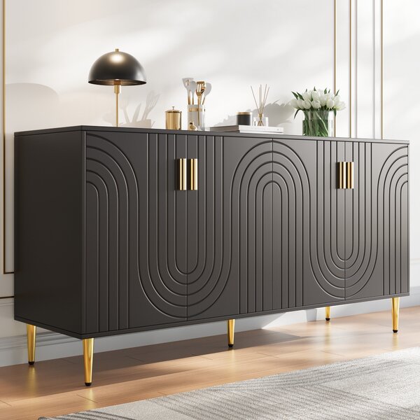 Modern Sideboard with Gold Handles & Feet, Easy-Clean Storage Cabinet for Dining/Living Room, 152x40x75 cm, Black Aosom UK
