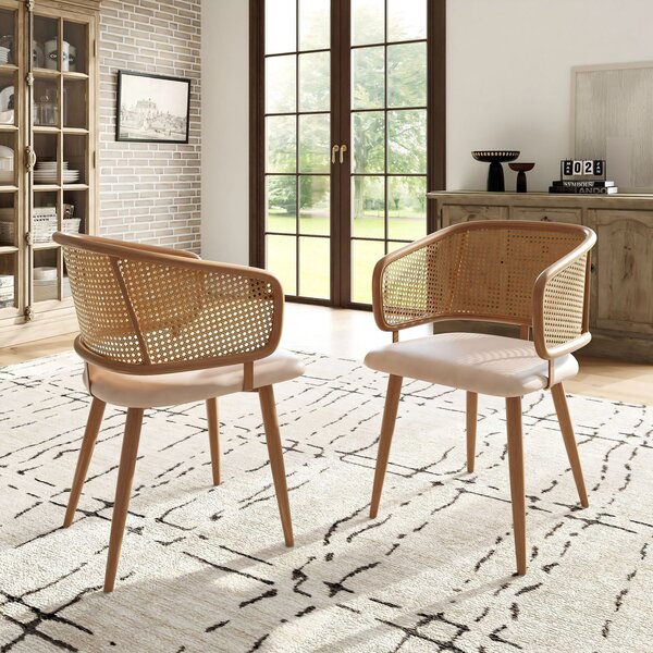 Set of 2 Mid Century Dining Chairs with PU Leather Seat, Rattan Backrest, Modern Dining Chairs with Wood Grain Iron Legs for Dining Room, 51L x 54W x 79H cm, Beige Aosom UK